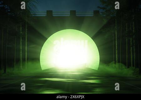 Abstract Tunnel With Bright Light And Green Dust Stock Photo