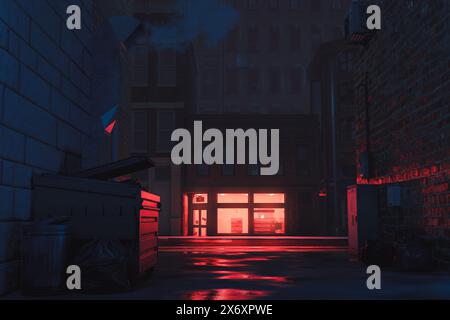 Backyard With Wet Asphalt At Night, Illuminated By The Store Lighting Stock Photo
