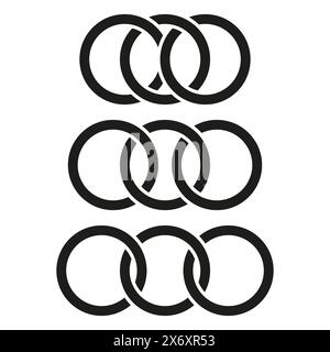 Intersecting circles vector design. Three black ring sets illustration. Continuous overlapping shapes concept. Stock Vector