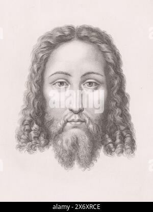 Christ's head, Salvator Mundi, print, print maker: Erin Corr, after design by: Leonardo da Vinci, 1815 - 1862, paper, steel engraving, height, 394 mm × width, 306 mm Stock Photo