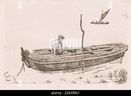 Rowboat anchored in open water and a sailboat in the background, print, print maker: Jules Guiette, 1862 - 1901, paper, etching, drypoint, height, 237 mm × width, 360 mm Stock Photo