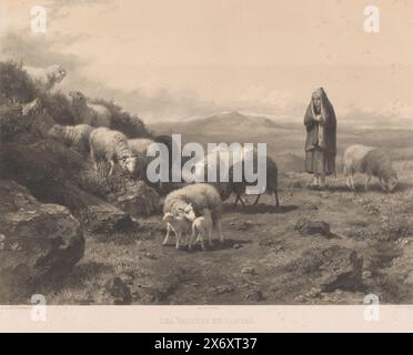 Shepherdess with sheep on the plain of Cantal, Les vallées du Cantal (title on object), Pastures (series title), Les paturages (series title on object), print, print maker: Claude Thielley, (mentioned on object), after painting by: Rosa Bonheur, (mentioned on object), printer: Joseph Rose Lemercier, (mentioned on object), printer: Paris, publisher: Berlin, 1856, paper, height, 524 mm × width, 669 mm Stock Photo