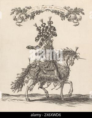 Henry II de Lorraine dressed as a wild man on a horse dressed as a unicorn decorated with snakes, Le Duc de Guyse Roy Amériquain (title on object), print, print maker: François Chauveau, publisher: Charles Perrault, print maker: France, publisher: Paris, 1670, paper, etching, height, 318 mm × width, 263 mm Stock Photo