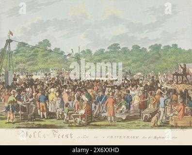 Party in The Hague in honor of the visit of the Prince and Princess of Orange, 1816, People's Party celebrated in The Hague on September 16, 1816 (title on object), People's Party on the Malieveld in The Hague in honor of the arrival of the Prince and Princess of Orange to The Hague on September 16, 1816. A large crowd enjoys themselves with all kinds of games and performances: tightrope walking, magic, theater, music, etc. In the foreground are street vendors with carts selling food and drinks. To the left of the center the arrival of the open carriage with the prince and princess., print Stock Photo