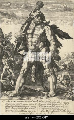 The great Hercules, The turnip man, Hercules with lion skin on his back and large club over his right shoulder, full-length, overly muscular, standing with his legs apart in a landscape with references to his actions. Below the performance a ten-line text in English., print, print maker: anonymous, after design by: Hendrick Goltzius, (mentioned on object), Will Bagenall, (mentioned on object), print maker: England, (possibly), publisher: London, 1589 and/or 1600 - 1650, paper, engraving, height, 347 mm × width, 225 mm Stock Photo
