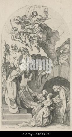 Assumption of Mary, Around Mary's tomb the gathered apostles praying for her soul. In the clouds above them, Mary is taken to heaven by angels., print, print maker: Willem Panneels, (mentioned on object), after design by: Peter Paul Rubens, (mentioned on object), publisher: Frans van den Wijngaerde, (mentioned on object), Antwerp, c. 1610 - 1634, paper, etching, engraving, height, 323 mm × width, 183 mm Stock Photo