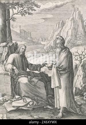 Temptation of Christ in the desert, A devil in human form shows Christ a stone and asks him to turn the stone into bread as a sign of Christ's divinity (Matt. 4:1-11). On a mountaintop behind, the devil shows Christ all the kingdoms of the world to tempt him., print, print maker: Crispijn van de Passe (I), (mentioned on object), unknown, 1574 - 1637, paper, engraving, height, 208 mm × width, 148 mm Stock Photo