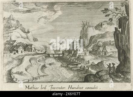 Landscape with a village on a river, Topographia Variarum Regionum (series title), In the middle a river flows, in which, on the right, rowing boats are moored. In the background a wooden bridge. Houses on the left and right banks. Two walking figures in the front right., print, print maker: Simon Frisius, after drawing by: Matthijs Bril, (mentioned on object), publisher: Hendrick Hondius, (mentioned on object), 1614, paper, etching, height, 106 mm × width, 158 mm Stock Photo