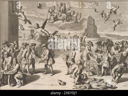 Confused Actionists and the Tower of Babel, 1720, The Confused Actionists Tower Building to Babel (title on object), The Great Scene of Foolishness (series title), Cartoon on the Actionists and the Tower of Babel. John Law is writing shares on the left while wind traders feast on biscuits baked by the English. The traders get diarrhea from these cakes, they use the worthless shares to wipe their behinds. The performance contains many other details with Fortuna, the Dutch Virgin, Hope, etc. In the caption a verse in 4 columns explaining the figures from the performance. Print in the bound Stock Photo