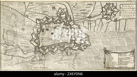 Siege of Aire, 1710, Plan de la Ville d'Aire Assiegée par les Alliez under le Commandemt. the S.A.S. Monsr. le Prince d'Anhalt Dessau & Le 8 Novemb. 1710 (title on object), Map of Aire, besieged and captured by the Allies, November 8, 1710. Illustration in the Dutch translation from 1716 by J. Lamigue, Het leven van Zyne Hoogheit Johan Willem Friso, vol. II, p. 208/209., print, print maker: Matthijs Pool, (possibly), after drawing by: Gillius Brakel, (mentioned on object), publisher: Johannes van Oosterwyk, print maker: Northern Netherlands, publisher: Amsterdam, 1714 - 1716, paper, etching Stock Photo