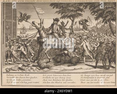 John Law on Sancho Panza's donkey, 1720, Law, as a second Don-Quichot, on Sanches Graauwtje sits in mockery (title on object), Het Groote Tafereel der Foolishness (series title), Cartoon on John Law riding as a second Don Quichotte on the donkey by Sancho Panza, 1720. The devil lifts the tail of the donkey, causing actions to be emitted from the behind. The wind traders pull the donkey towards Koffiehuis Quincampoix. Print in the bound first edition (304 B 11) of Het Groote Tafereel der Dwaasheid with cartoons on the Windhandel or Actiehandel of 1720., print, print maker: anonymous, Northern Stock Photo