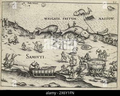 Whale and reindeer hunting by the Samoyeds. Whales are caught at sea and cut to pieces on land. In the right foreground is a large cauldron in which whale blubber is cooked. In the front left a reindeer sleigh, behind it the slaughter of reindeer and animal sacrifices to statues of gods of the Samoyeds. Opposite page 35 in: 'Warfareful Relation. Der dreyen newen uner hörten seltzaamen Schiffart so die Dutch und Seeländischen Schiff....Anno 1594, 1595 und 1596 performed' (1598)., print, print maker: anonymous, after drawing by: Gerrit de Veer, (possibly), publisher: Levinus Hulsius, Neurenberg Stock Photo