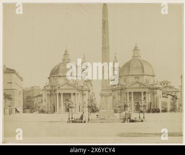 Piazza del Popolo in Rome with the Santa Maria di Montesanto (left), the Santa Maria dei Miracoli (right) and an Egyptian obelisk, Piazza del Popolo ROMA (title on object), Part of Travel album with photos of sights in Italy (part I )., photograph, anonymous, Piazza del Popolo, c. 1865 - c. 1890, paper, albumen print, height, 191 mm × width, 245 mm Stock Photo