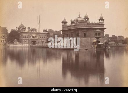 Golden Temple or Harmandir Sahib in Amritsar, Punjab, India, The Golden Temple at Amritsar, located in the northern Indian state of Punjab, is the most important shrine of Sikhism. The Sikhs call the temple Sri Harmandir Sahib Gurudwara. The temple is located in Sarovar Lake. Punjab was the starting point for Bourne's expedition to Kasmir in 1864., photograph, Samuel Bourne, (attributed to), Amritsar, 1864, cardboard, albumen print, height, 215 mm × width, 290 mm, height, 238 mm × width, 318 mm Stock Photo