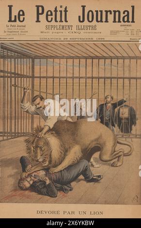 Dévoré par un lion (title on object), Le Petit Journal - Supplement Illustré (series title on object), A man is attacked by a lion. A photographer looks on in horror. Front page of the illustrated supplement of the newspaper 'Le Petit Journal' of September 29, 1895., print, maker: V. Michel, (mentioned on object), after design by: Henri Meyer, (mentioned on object), 29-Sep-1895, paper, height, 432 mm × width, 300 mm Stock Photo