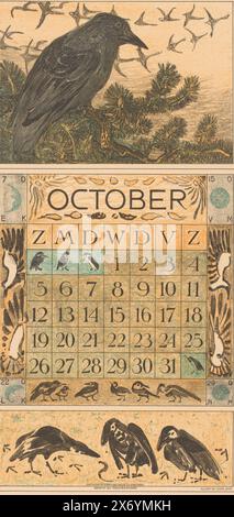 Calendar sheet October with crow, Crow and migrating geese, Calendar 1913 12 lithographs by Th. v. Hoytema (series title), The crow sits in a tree. Geese fly through the air. At the bottom three crows and a worm. In the corners the phases of the moon on four days. A tear line at the top of the sheet., print, print maker: Theo van Hoytema, (mentioned on object), printer: Tresling & Comp., (mentioned on object), publisher: Allart de Lange, (mentioned on object), print maker: The Hague, printer: Amsterdam, publisher: Amsterdam, publisher: Amsterdam, 1912, paper, height, 420 mm × width, 210 mm Stock Photo