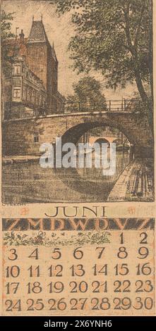 June calendar sheet with cityscape in Utrecht, View of the Oudegracht with Oudaen city castle on the left., print, print maker: Ferdinand van Wolde, (mentioned on object), Netherlands, 1923, paper, height, 320 mm × width, 157 mm Stock Photo