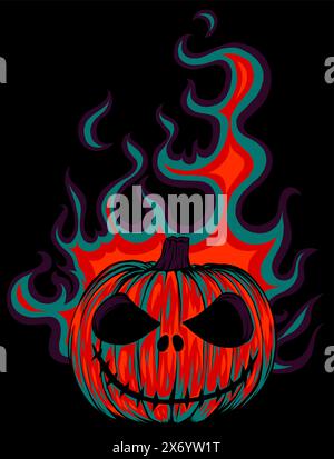 halloween pumpkin with flames on black background. vector illustration design Stock Vector