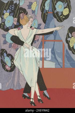 La Guirlande, Album Mensuel d'Art et de literature, 1919-1920: dancing couple, A dancing couple in evening clothes. Curtains with a floral pattern in the background. Print probably from the magazine La Guirlande, Album mensuel d'art et de la litterature (1919-1920)., after design by: Umberto Brunelleschi, (mentioned on object), print maker: anonymous, publisher: François Bernouard, Paris, 1919 - 1920, paper, engraving, height, 198 mm × width, 135 mm Stock Photo