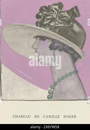 Gazette du Bon Ton, 1921 - No. 9: Chapeau de Camille Roger, Woman's head with a velvet hat, decorated with a large bow, by Camille Roger. A necklace around the neck and an earring in the left ear. Planche 67 from Gazette du Bon Ton 1921, No. 9. Explanation of the hat on page 'Explication des Planches Hors-Texte. Contenues dans le numéro 9.', after design by: Llano Florez, (mentioned on object), print maker: anonymous, Camille Roger, (mentioned on object), publisher: Paris, publisher: New York (city), publisher: Genève, publisher: London, publisher: Buenos Aires, printer: Paris, 1921, paper Stock Photo
