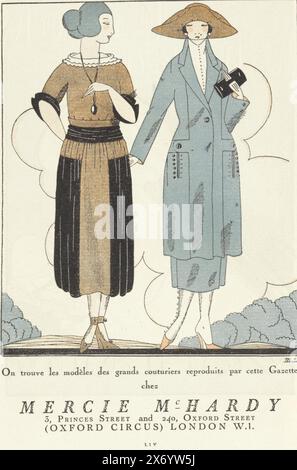 Gazette du Bon Ton, 1920 - No. 7, p. LIV: Mercie McHardy advertisement (title on object), Mercie McHardy advertisement (Oxford Circus, London) where one could buy the models of the major fashion houses depicted in the Gazette du Bon Ton. Two ladies next to each other: on the left a dress in brown and black; on the right a tailor in blue, with a brown hat. Page LIV in Gazette du Bon Ton 1920, No. 7, publisher: Lucien Vogel, (mentioned on object), publisher: The Field Press, publisher: Naville et Cie, publisher: Paris, publisher: London, publisher: Genève, publisher: New York (city), printer Stock Photo