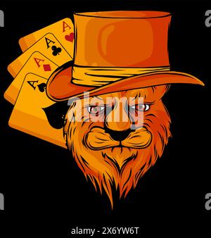 Portrait of lion in bowler hat and poker aces on black background Stock Vector