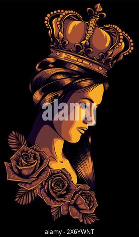 vector illustration of queen with crown and roses on black background Stock Vector