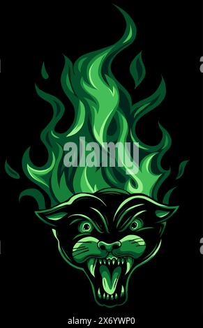 vector illustration of Panther Burning Flame Head on black background Stock Vector