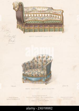 Canapé and armchair, Petit canapé Louis XIV, Petit Fauteuil genre Louis -style. Print from 291st Livraison., print, print maker: Quéton, (mentioned on object), printer: Becquet frères, (mentioned on object), publisher: Eugène Maincent, (mentioned on object), Paris, 1885 - 1895, paper, height, 357 mm × width, 273 mm Stock Photo