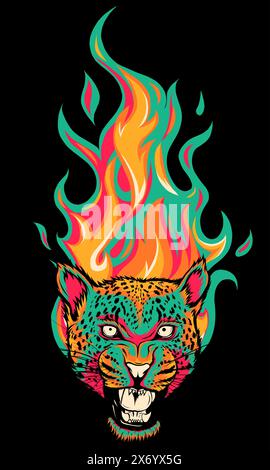 vector illustration of Leopard head with fire on black background Stock Vector