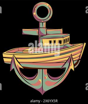vector illustration of fish-boat with anchor on black background Stock Vector