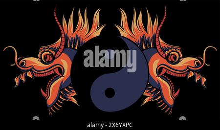 Yin Yang and head Chinese dragon on black background vector illustration Stock Vector