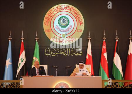 Manama. 16th May, 2024. This photo taken on May 16, 2024 shows the press conference after the conclusion of the 33rd Arab League Summit held in Manama, Bahrain. The Arab League on Thursday called for the deployment of United Nations peacekeeping forces in the occupied Palestinian territories until the implementation of the two-state solution. Credit: Wang Haizhou/Xinhua/Alamy Live News Stock Photo