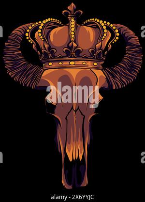 vector illustration of a bull skull wearing a crown with diamonds on black background Stock Vector
