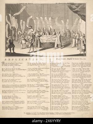 Prague rarekiek, La Rareté de Prague, De Prague rarekiek (title on object), De Prague rarekiek, 1742. Cartoon on the French in which Cardinal Fleury in Prague divides the land of Austria, Bohemia and Silesia between the Allies while Archduchess Maria Theresia has to join to look. The figures in the show have speech bubbles. Allegory on the Austrian war of succession. On the sheet below the plate an explanation of the numbers I-XVIII in French and Dutch., print, print maker: anonymous, after print by: anonymous, (mentioned on object), publisher: Jan 't Lam, (mentioned on object), print maker Stock Photo