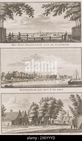 Views of Spaarndam and Bloemendaal, The Village of Spaarendam on the Landzyde, Spaarendam at the Y, De Buurt by Bloemendaal (title on object), Views in the entertaining landsdouwen of Haarlem (series title), Three performances. Above: Meadows with Spaarndam on the horizon. Middle: Spaarndam seen from the IJ. Below: An avenue in Bloemendaal., print, print maker: Hendrik Spilman, (mentioned on object), after own design by: Hendrik Spilman, (mentioned on object), publisher: Jan Bosch (uitgever), Haarlem, 1763, paper, etching, height, 305 mm × width, 193 mm Stock Photo