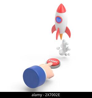 Cartoon Gesture Icon Mockup.Flat 3d isometric businessman hand presses start button to launches a space rocket. Business start up concept.3D rendering Stock Photo