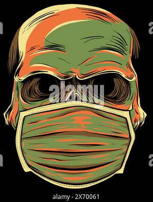 Skull in the medical mask on black background Stock Vector