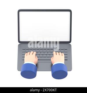 Cartoon Gesture Icon Mockup.Hands in work at laptop keyboard with blank monitor screen at table. Work place at home.3d illustration.3D rendering on wh Stock Photo