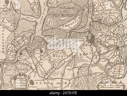 Map of the Marquisate of Bergen op Zoom, The Marquisateship of Bergen op Zoom (title on object), Bottom left a title cartouche. Bottom right a cartouche with scale: Milliaria Germania Commu. Numbered bottom right: 5., print, print maker: anonymous, publisher: erven J. Ratelband & Co, (possibly), Amsterdam, 1635 and/or 1732 - 1735, paper, engraving, height, 161 mm × width, 227 mm Stock Photo