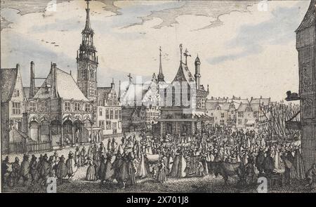 View of the Old Town Hall, the Wisselbank, the Nieuwe Kerk and the Waag on Dam Square in Amsterdam, Four buildings in Amsterdam (series title), View of Dam Square in Amsterdam. On the left the Old Town Hall, still with the spire that was demolished in 1615. To the right is the Wisselbank and, in the background, the Nieuwe Kerk. In the middle the Waag. Many people on Dam Square., print, print maker: Claes Jansz. Visscher (II), Amsterdam, 1611, paper, etching, brush, height, 94 mm × width, 155 mm Stock Photo