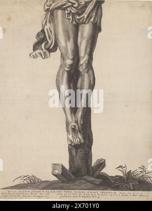 Christ on the cross, Series of Ecce Homo, the crucified Christ, Virgin Mary and John the Evangelist (series title), Bottom plate. In the foreground of the print is Christ on the cross. He looks desperately to the sky. There is an inscription nailed to the top of the cross. It says 'Jesus of Nazareth, King of the Jews' in Hebrew, Greek and Latin. The print has a Latin caption., print, print maker: Mattheus Borrekens, after drawing by: Erasmus Quellinus (II), publisher: Martinus van den Enden, Antwerp, 1625 - 1670, paper, engraving, width, 406 mm × height, 532 mm Stock Photo