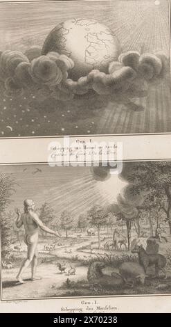 Creation, Creation of Heaven and Earth, Creation of Man (title on object), Two representations on one page. Above: the first day of creation. God creates the heavens and the earth and places the globe between the sun, the moon and the stars. Below: the sixth day of creation. God creates Adam in paradise, where he is surrounded by animals., print, print maker: Jan Caspar Philips, (mentioned on object), after own design by: Jan Caspar Philips, (mentioned on object), Amsterdam, 1772, paper, etching, height, 327 mm × width, 189 mm Stock Photo