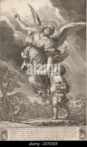 Guardian angel takes a child by the hand, print, print maker: Guillaume Chasteau, (mentioned on object), after drawing by: Pietro da Cortona, (mentioned on object), 1645 - 1683, paper, etching, engraving, height, 441 mm × width, 269 mm Stock Photo