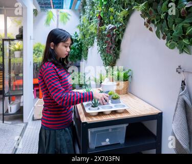 Indonesian teenage girl arranging and planting mini fresh plant in the backyard at home.  Asian female student gardening with joy and responbility to Stock Photo