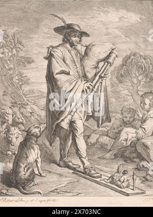 Musette player with puppetry, print, print maker: Jacques Dumont, (signed by artist), after own design by: Jacques Dumont, (signed by artist), France, 1739, paper, etching, height, 387 mm × width, 286 mm Stock Photo