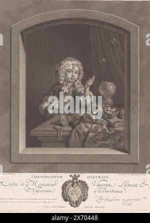 Boy blowing soap bubbles, L'observateur distrait (title on object), print, print maker: Johann Georg Wille, (mentioned on object), after painting by: Caspar Netscher, after painting by: Frans van Mieris, (rejected attribution), Paris, 1766, paper, engraving, etching, height, 290 mm × width, 225 mm Stock Photo
