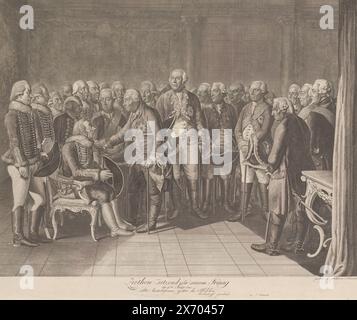 Hans Joachim von Zieten sitting before Frederick the Great and his entourage, Ziethen sitting before seinem König (title on object), print, print maker: Daniel Nikolaus Chodowiecki, (mentioned on object), 1800, paper, etching, height, 471 mm × width, 578 mm Stock Photo