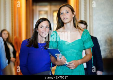 Washington, Vereinigte Staaten. 16th May, 2024. United States Senator Katie Britt (Republican of Alabama) is seen with an aide departing from votes outside the Senate Chamber in the US Capitol in Washington DC, on Thursday, May 16, 2024. Credit: Aaron Schwartz/CNP/dpa/Alamy Live News Stock Photo