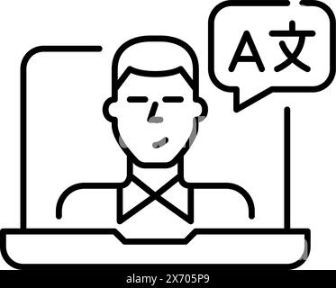 Man with languages symbol speech bubble on laptop video call. Languages coach online lessons. Pixel perfect, editable stroke vector icon Stock Vector